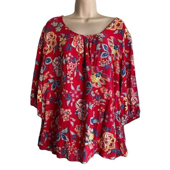 JUNAROSE Blouse Red Floral elastic waist Top 3/4 Sleeve Red Size 20 Zip-back - Picture 1 of 2
